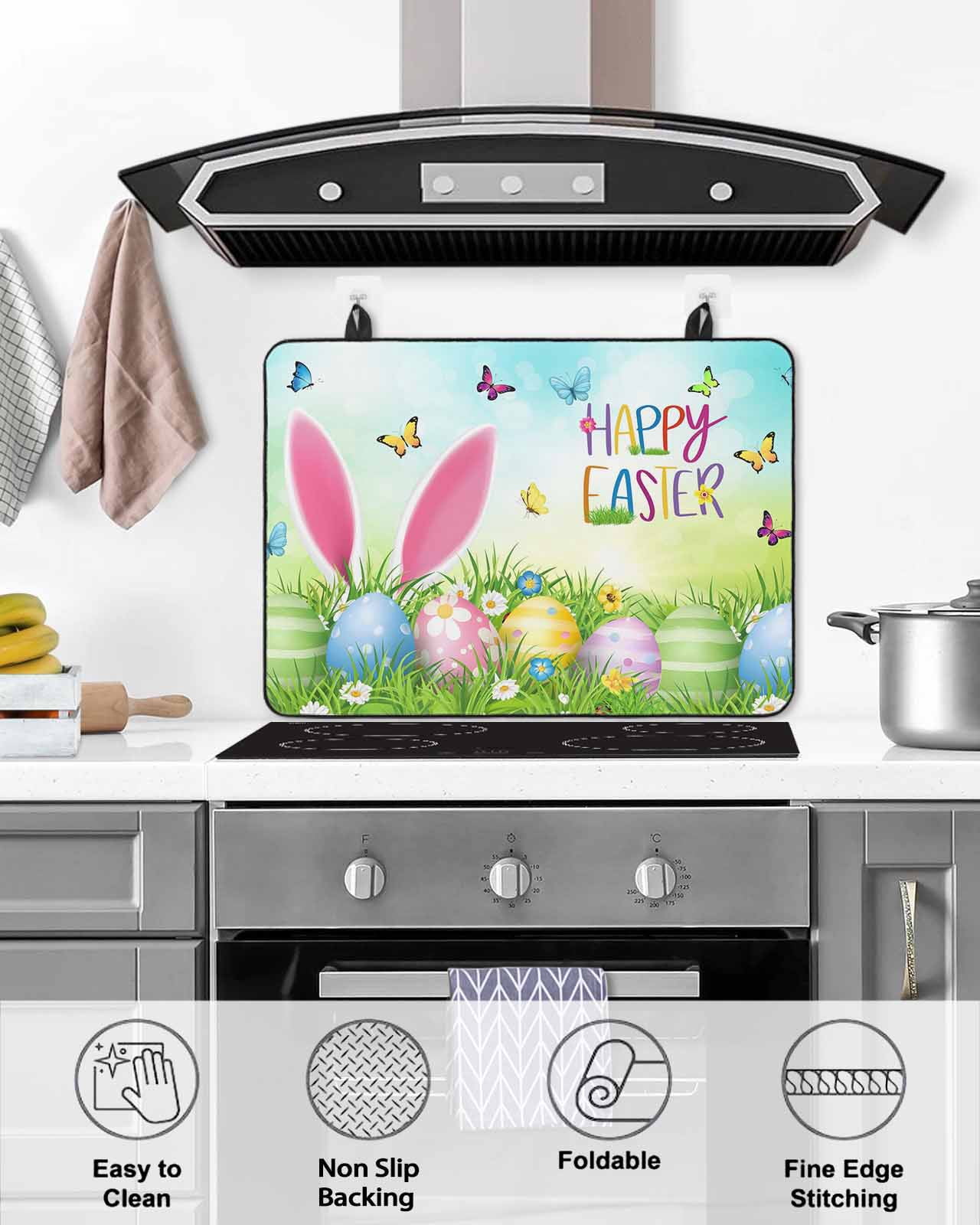 Large Induction Cooktop Protector Mat Easter Stove Top Covers for Electric Stove, Spring Easter Eggs Bunny Butterflies Green Decorative Stove Burner Cover Mats, Glass Top Stove Cover