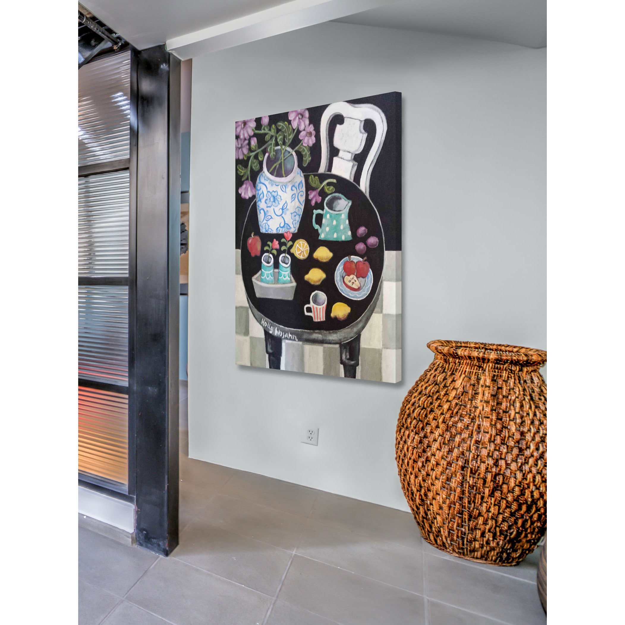 Marmont Hill "Fruit and Flowers on Black Table" Painting Print on Canvas