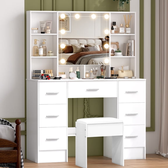 Yamissi Makeup Vanity Desk 10 LED Lights, Makeup Table Vanity Set and Stool, 7 Drawers Modern Dressing Table for Bedroom, White
