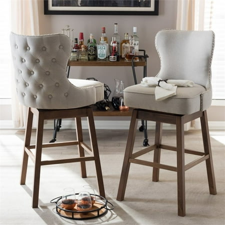 Baxton Studio Gradisca Modern and Contemporary Brown Wood Finishing and Light Beige Fabric Button-Tufted Upholstered Swivel Barstools, Set of 2