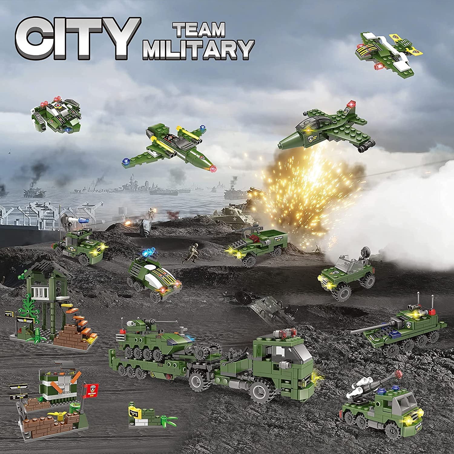 1164 Pcs Building Toy Set, City Building Block Kit for Boys Girls, Army Military Base Corps War Stem Toys, Gift for Kids Ages 6-12, Green