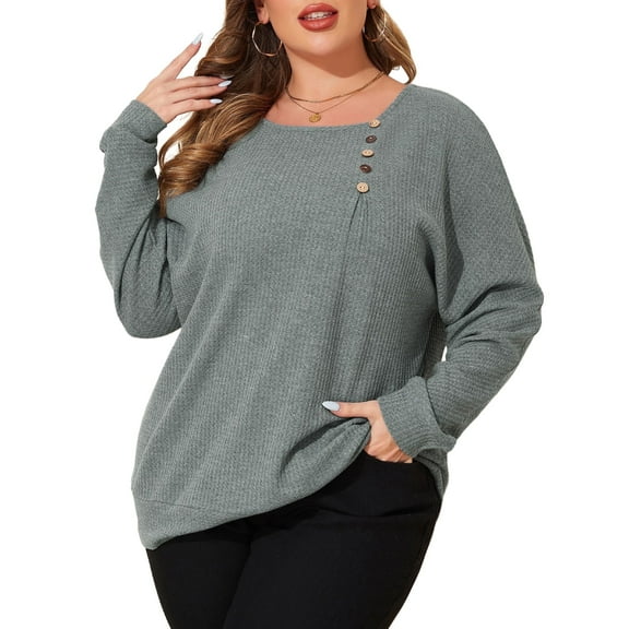 LapaPlus  Plus Size Tops for Women, Long Sleeve Tops, Waffle Fabric, Womens Fall Tops, XL-6XL, Grey
