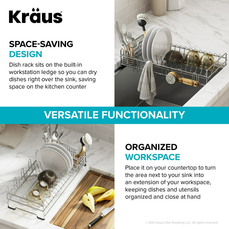 Kraus KCD-1 15.87 to 18.87 in. Multipurpose Stainless Steel Kitchen Sink Drying Rack - Sponge Holder, Sink Caddy with Towel Bar