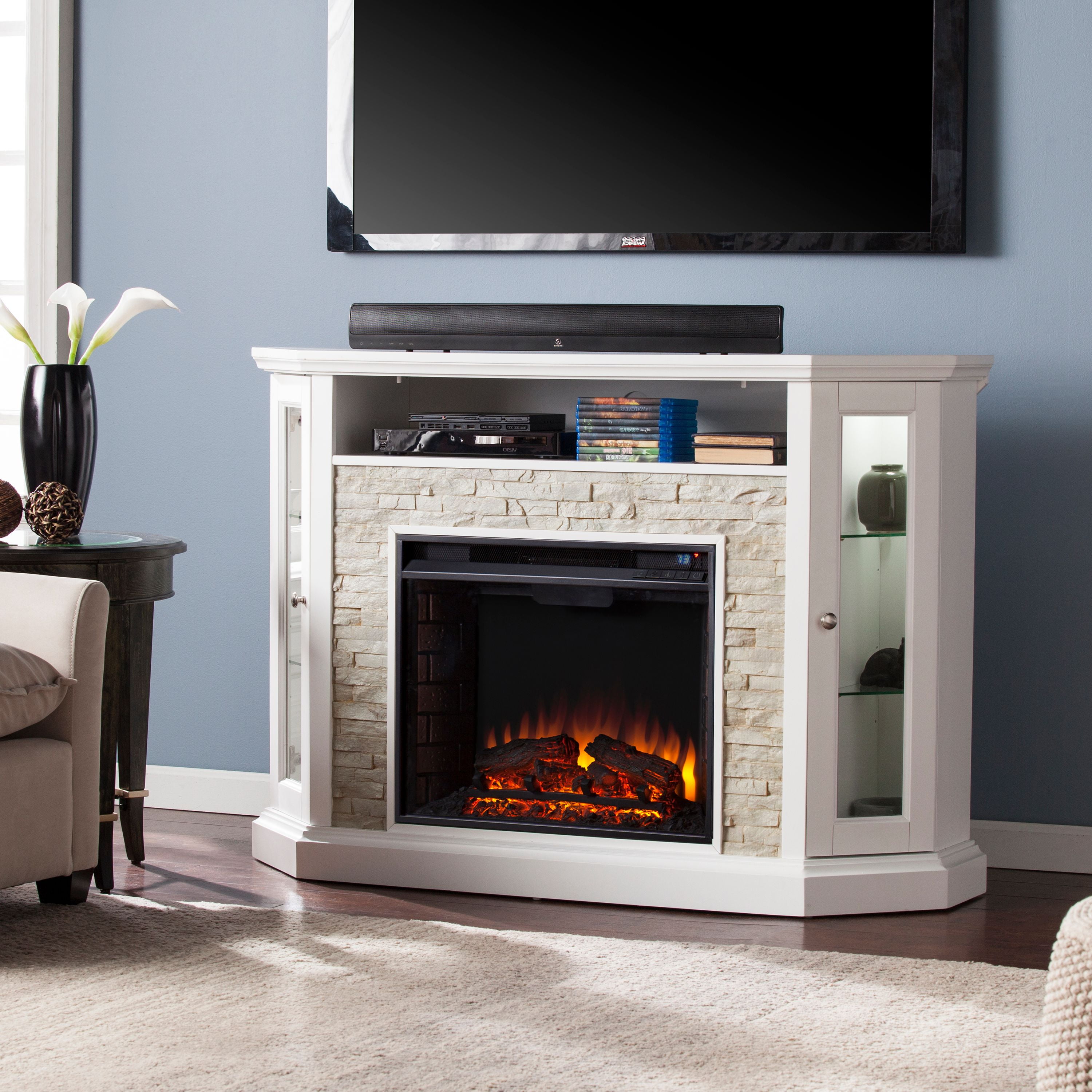 Renstone Corner Media Console With Electric Fireplace For Tv S Up