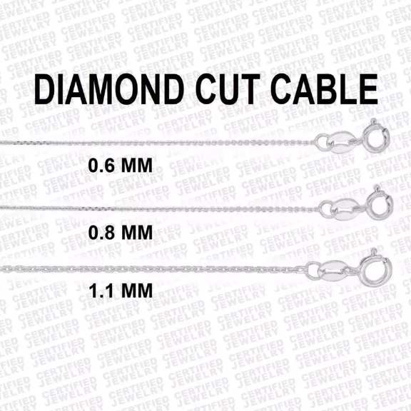 Solid 14K White Gold Diamond Cut Cable Link Chain Necklace, 16" 18" 20" 24" Inch, 0.6mm 0.8mm 1.1mm Wide