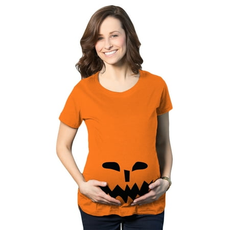 

Maternity Spikey Teeth Pumpkin Face Halloween Pregnancy Announcement T Shirt (Orange) - S