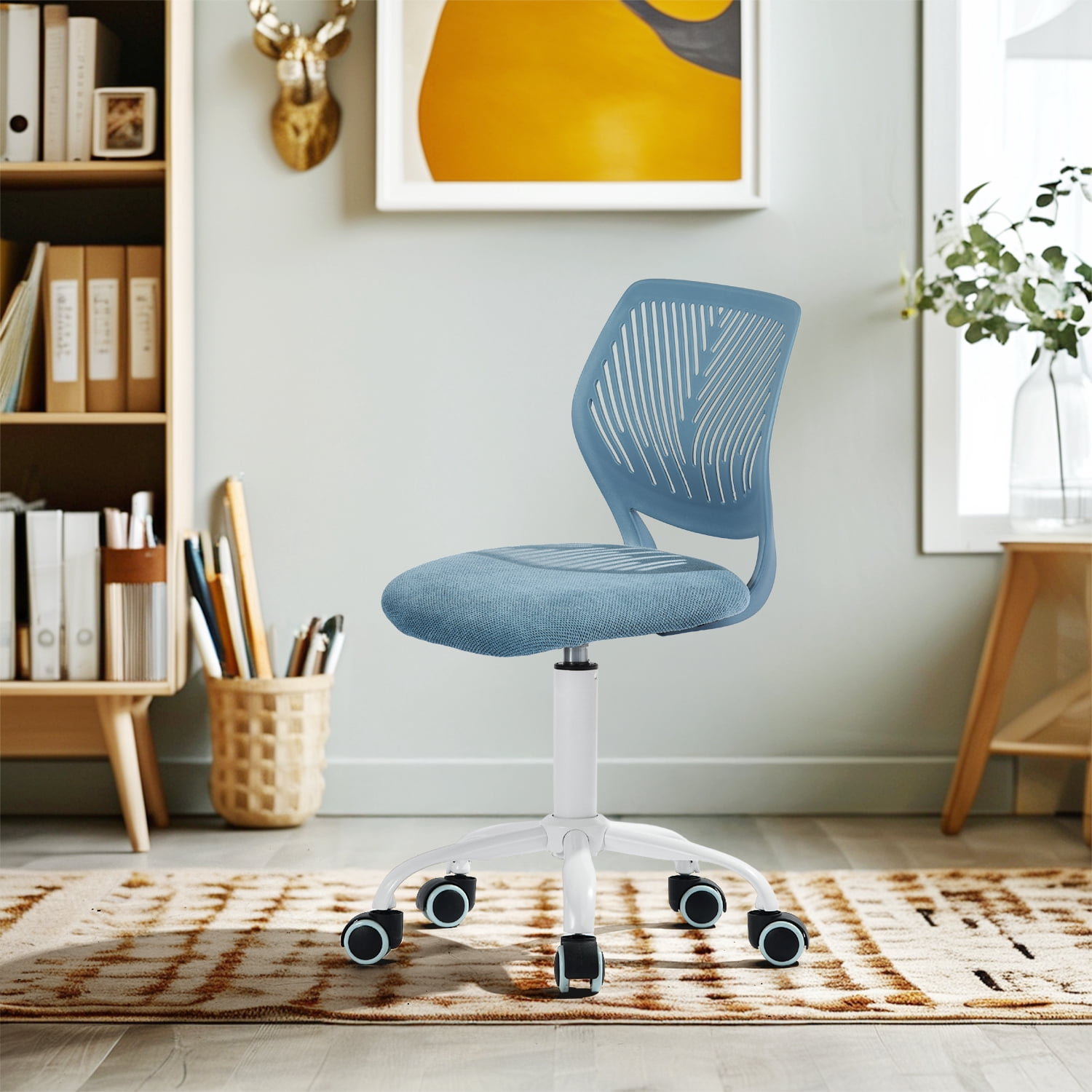 Ergonomic Home Office Desk Chair with Adjustable Height, Rolling Base, and Breathable Backrest, Light Blue