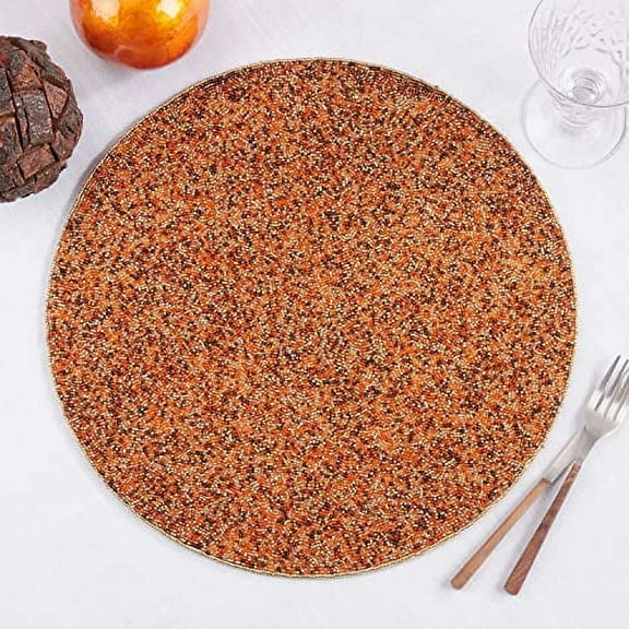 Fennco Styles Hand Beaded Sparkly Placemat 15" Round, 1- Piece - Orange Holiday Table Mat for Home Décor, Family Gathering, Banquets, Christmas and Special Occasion
