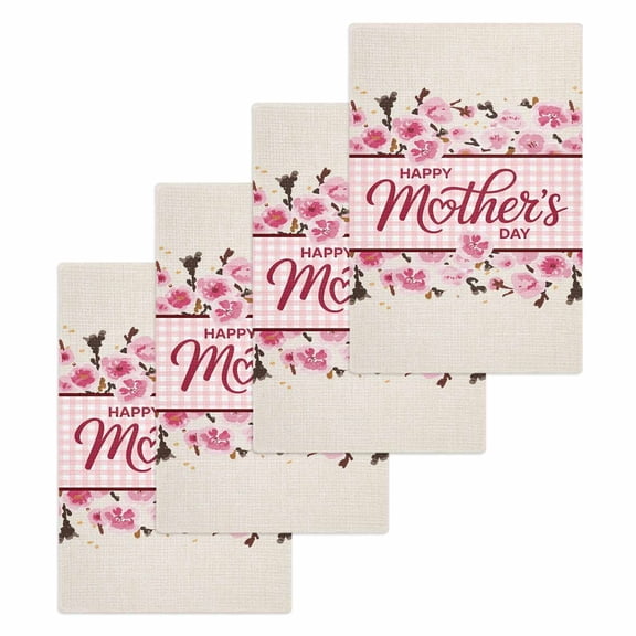 Happy Mother's Day Kitchen Dish Towels for Drying Dishes Set of 4, Pink Floral Buffalo Plaid Burlap Waffle Weave Microfiber Hand Tea Bathroom Towels Quick Dry & Absorbent Towel 15.7x23.6
