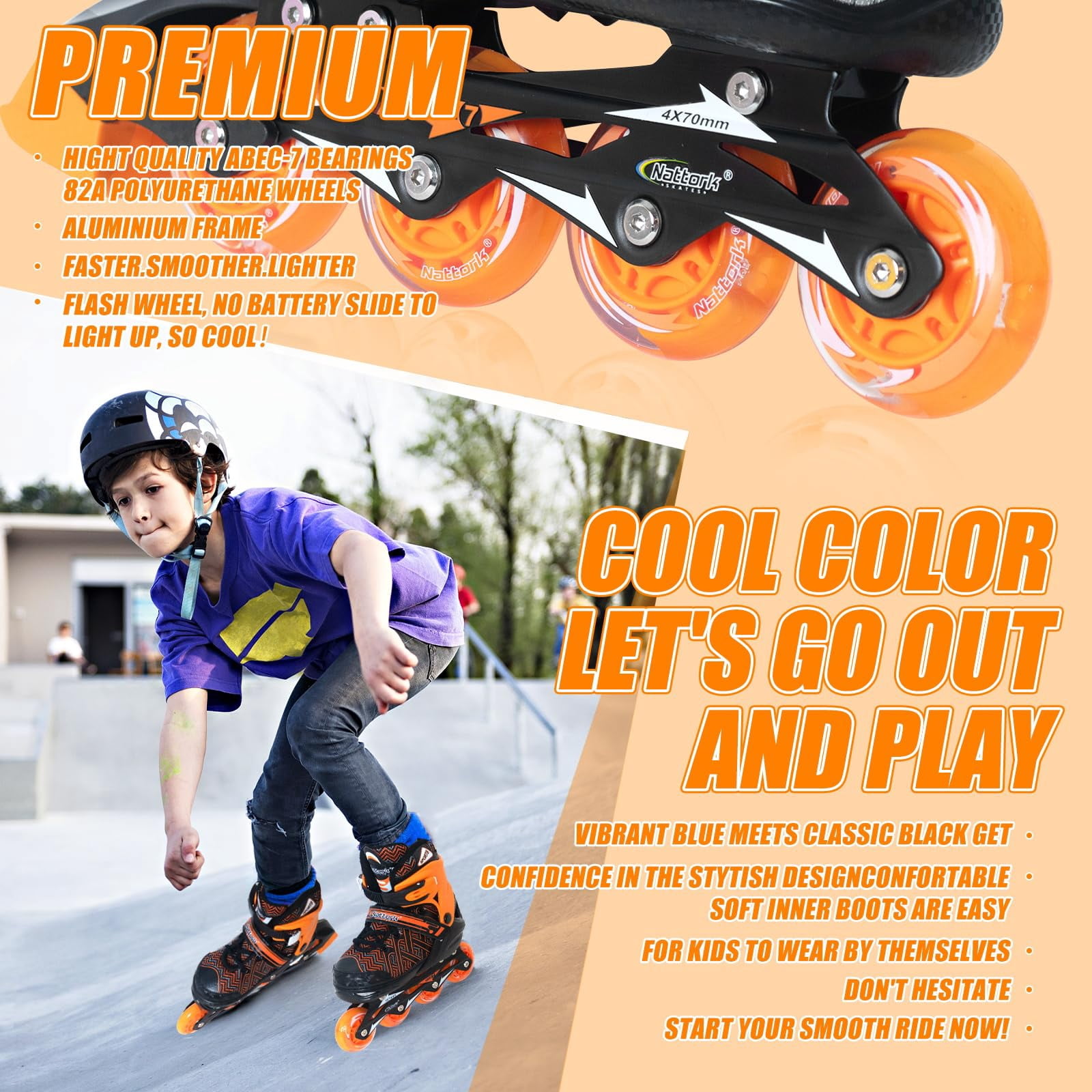 MammyGol Adjustable Inline Skates for Kids with Light-Up Wheels - Youth Teens Roller Skates for Beginners Boys Girls, Outdoor Recreational Skates Orange 5-8