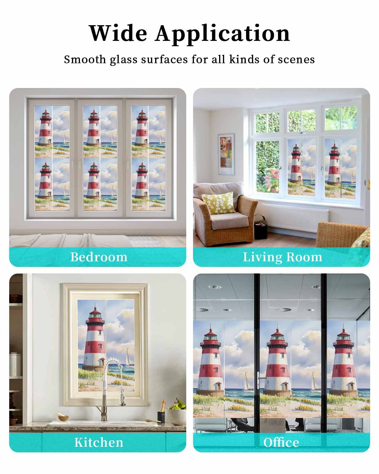 Window Privacy Film Beach Lighthouse Stained Glass Window Film Decorative Sun Block Window Cover Coastal Ocean Ship Sky Oil Painting Window Clings Static Adhesive Sticker for Bathroom 23.6"x59"