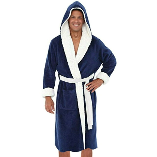 Innerwin Bath Robes Hoodie Men's Wrap Robe Winter Long Sleeve Soft Dressing Gown Navy Blue White 2XL