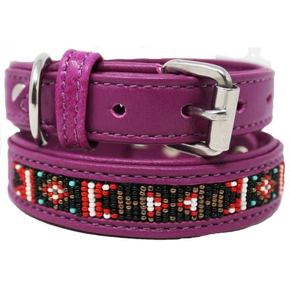 Large 21''- 25'' Soft Genuine Leather Beaded Padded Dog Puppy Collar  60RT02PR