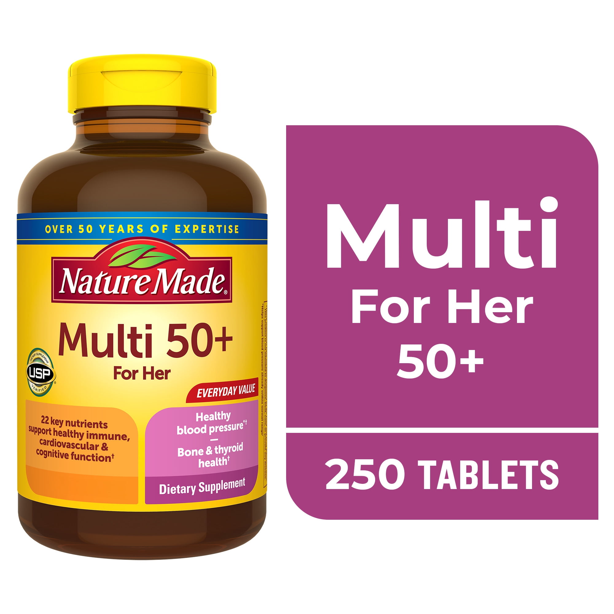 Nature Made Multi Vitamin For Women 50+ with No Iron Tablets, Women's Multivitamin, 250 Ct