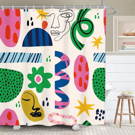 Abstract Face Minimalist Bathroom Shower Curtain Asthetic Colorful Pastel Modern Contemporary Line Art 72W by 72H Inch Polyester Fabric 12 Plastic Hooks Waterproof Decor