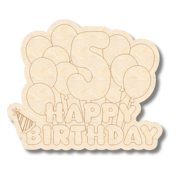 Unfinished Wood Etched 5th Birthday Balloons Shape 4" / 1/4"