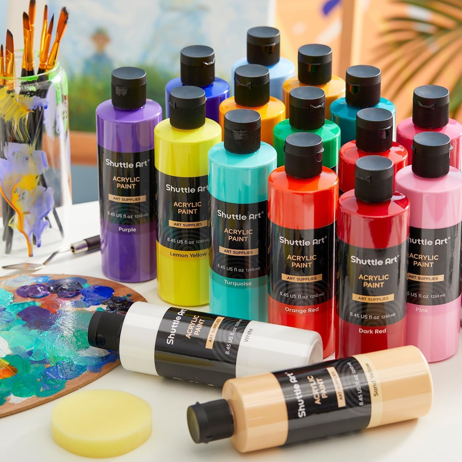 Acrylic Paint, Shuttle Art 18 Colors Acrylic Paint Bottle Set (250ml/8.45oz), Rich Pigmented Acrylic Paints, Bulk Painting Supplies for Artists, Beginners and Kids on Rocks Crafts Canvas Wood Ceramic