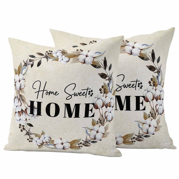Home Sweet Outdoor Waterproof Pillow Covers, Wreath Botanical Farmhouse Plants Beige Decorative Square Throw Pillowcase Sofa Cushion Sham for Patio/Couch/Chair, 26"x26" 2 Pack