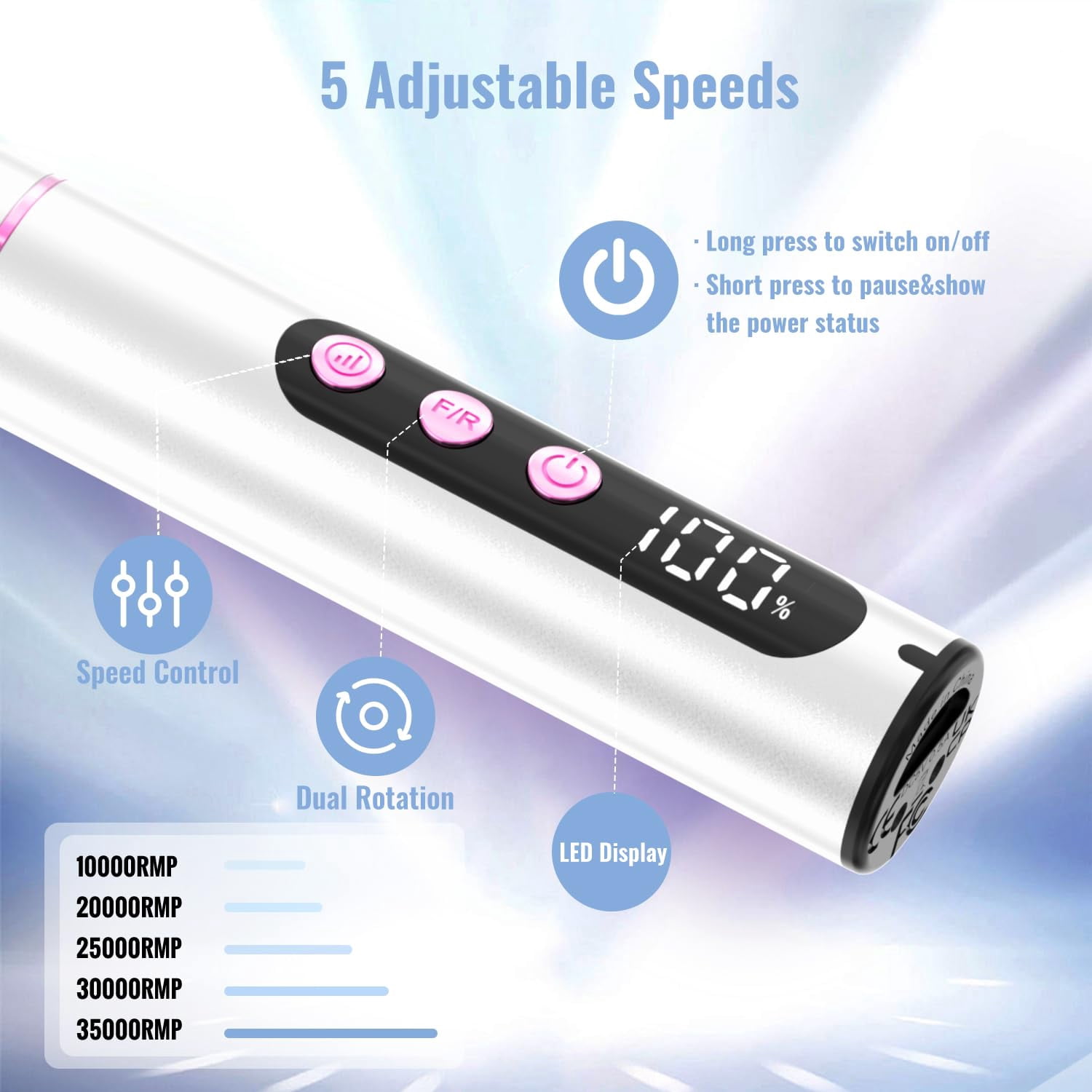 Cordless Electric Nail Drill File: 35000RPM Professional Nail Drill Machine with UV LED Nail Lamp Charging Base, Manicure Pedicure Kit E File for Acrylic Gel Dip Powder Polish Silver