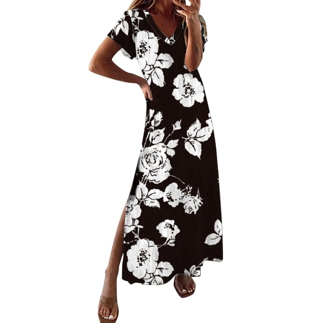 Dresses for Women Ladies Loose Casual Floral Ink Print Slit Short Sleeves Long Spring Dress B XL