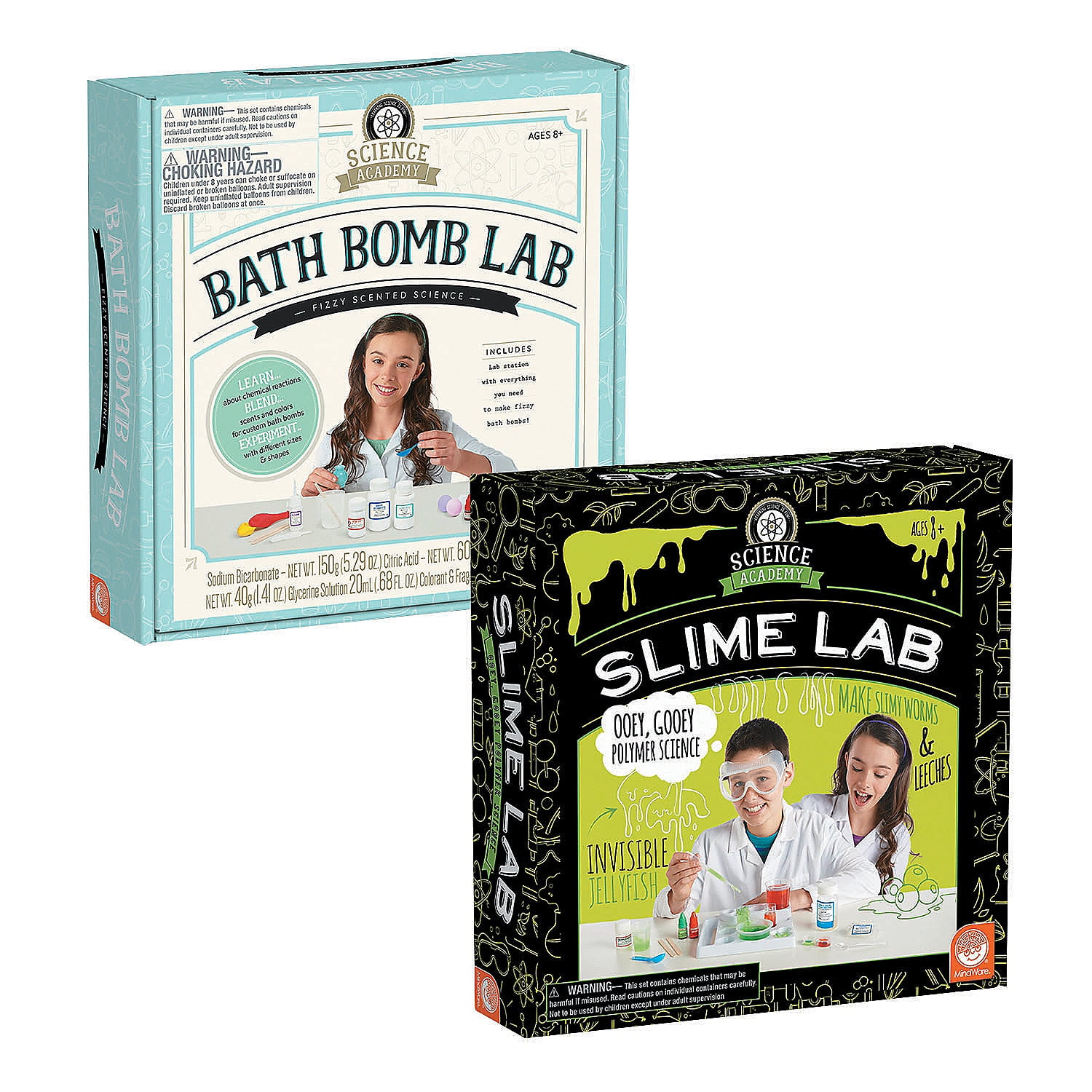 MindWare Science Academy Set of 2 Bath Bomb Slime labs Kids teens create 4 bath bombs 8 slimy projects Creative DIY chemistry kits for both boys