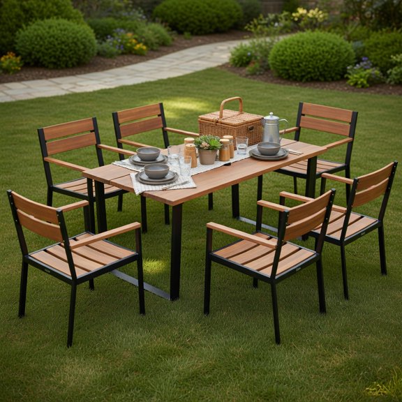 Topcobe 7 Pieces Patented Outdoor Patio Dining Table Set with Hole, Outdoor Deck Furniture, Blue