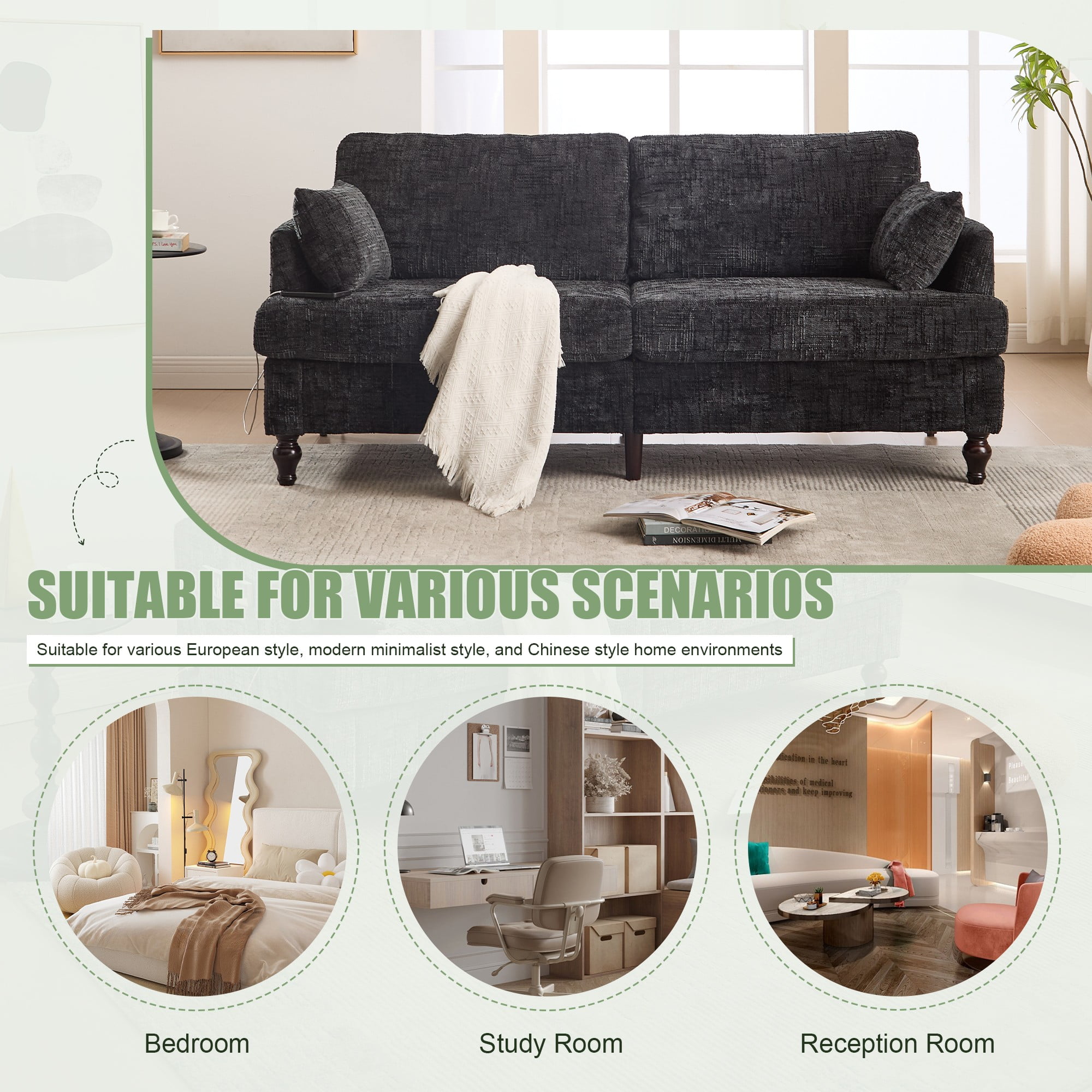 68.9" Sofa Couch,Modern 2 Seater Upholstered Loveseat Sofa Couch with LED Light&USB for Living Room,Bedroom,Black