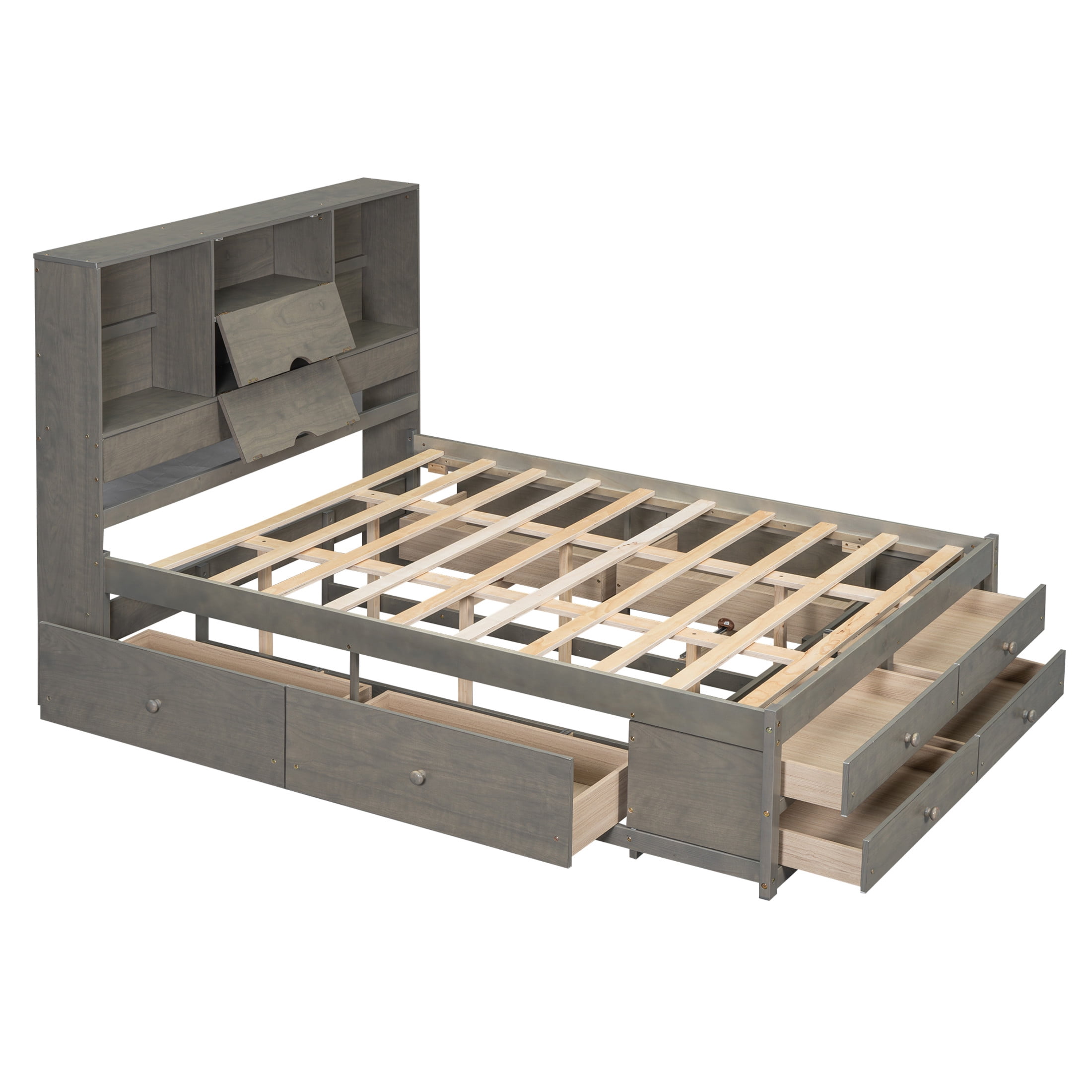 Noble House Solridge Queen Size Platform Bed with Bookcase Headboard and Storage Drawers, Solid Wood Frame, Gray