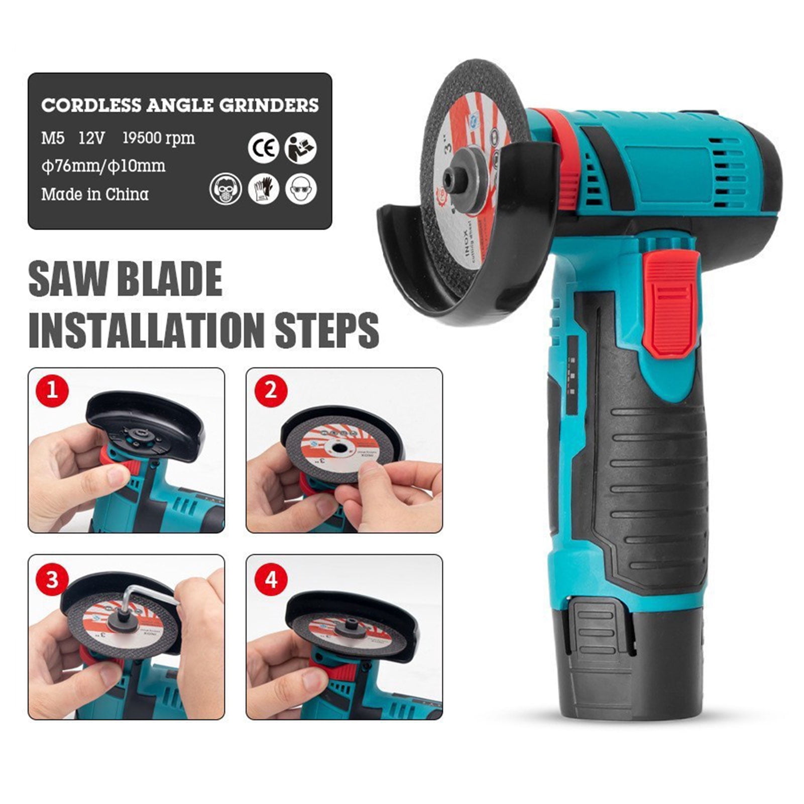 Mini Angle Grinder Without Brushes – 12V 19500RPM Portable Handheld Cordless Angle Grinder Tool with 2 Batteries & 76mm Cutting Wheels for Metal Tile PVC,B