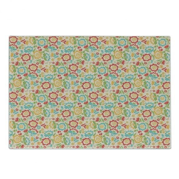 Polish Folk Art Cutting Board, Retro Summer Pattern with Folkloric Colorful and Floral Motif, Decorative Tempered Glass Cutting and Serving Board, in 3 Sizes, by Ambesonne