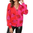 thumbnail image 2 of Women Juniors Knit Cardigan Long Sleeve Sweater Strawberry Print Knitwear Coat Fall Casual V-Neck Crop Tops Outwear for Teen, 2 of 9