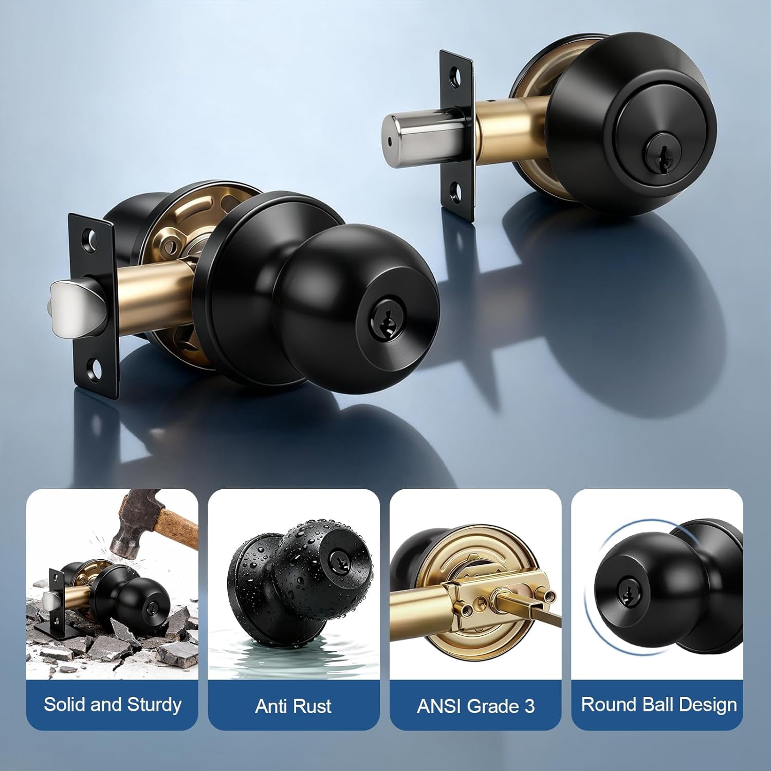 Entry Door Knobs and Double Cylinder Deadbolt, Keyed Alike Door Handle Set with Same Keys, Combo Pack for Front Doors-Keyed on Both Side, Matte Black Finish, Contractor Pack of 2 Set