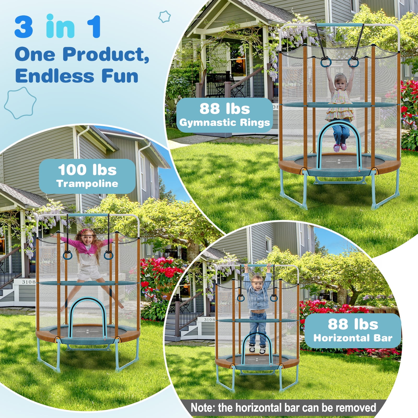 Infans 60" Trampoline for Kids w/Gymnastic Bar Rings Foamed Handle No Gap Design