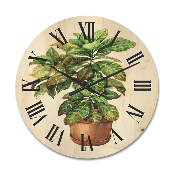 Designart 'Green Croton In Clay Flowerpot' Traditional Wood Wall Clock
