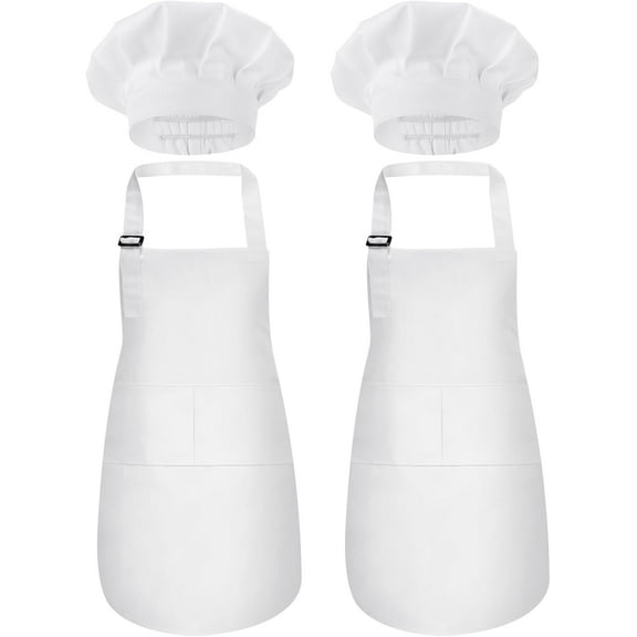 2 Pack Kids Chef Apron and Hat, Adjustable Kitchen Cooking Apron with Two Pockets for Girls Boys
