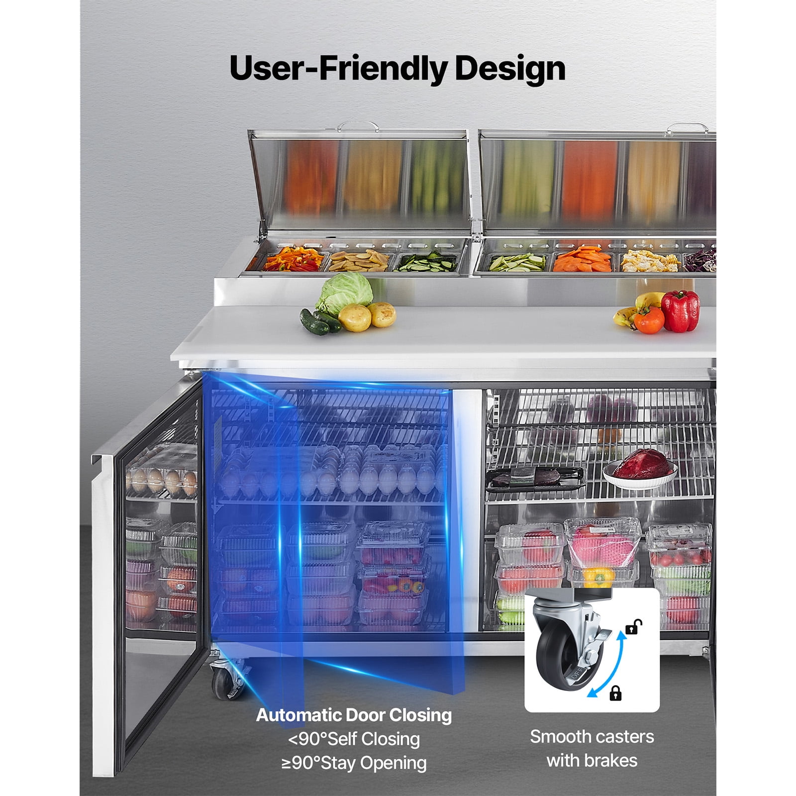 KFFKFF 93"W Commercial Refrigerated Prep Table, 20" Wide Countertop for Food Preparation, 30.8 Cu.Ft Single Door Salad Fridge, Includes 12 Pans and Cutting Board for Pizza and Salad Work