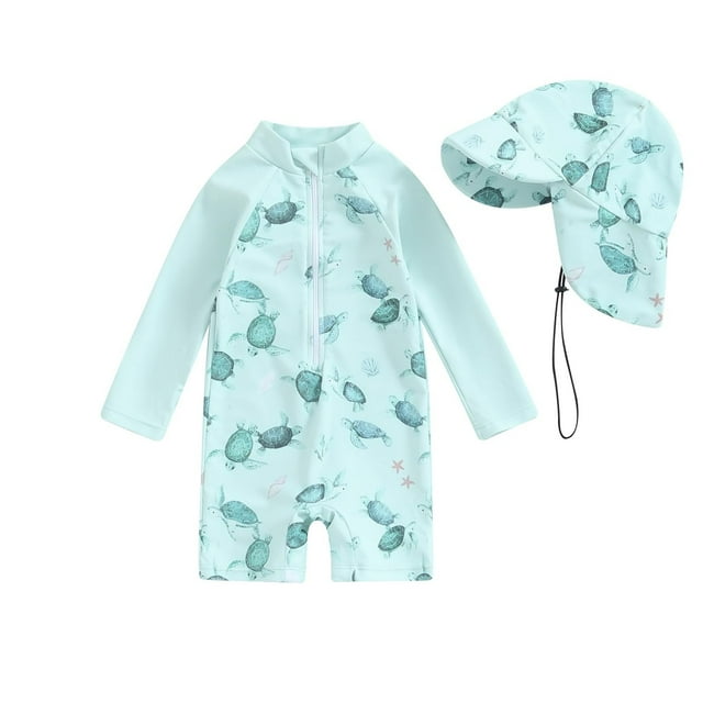 Coerni Boys Dinosaur Print Rashguard & Sun Hat Kids One-Piece Swimsuits Bathing Suit UPF50+ Rash Guard Swimming Suits