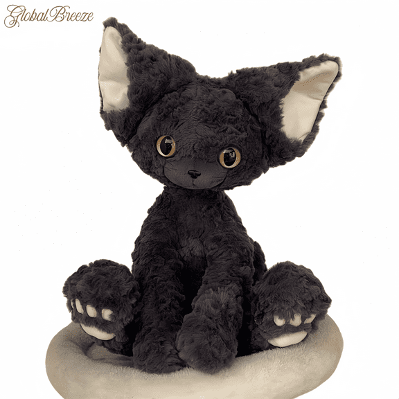 Fluffy Black Plush Cat Toy with Big Ears and Lifelike Eyes, Soft Furry Stuffed Animal Doll, Cute Realistic Plush Decor, Cozy Cuddle Plushie Gift for Sofa, Bed, and Home Display