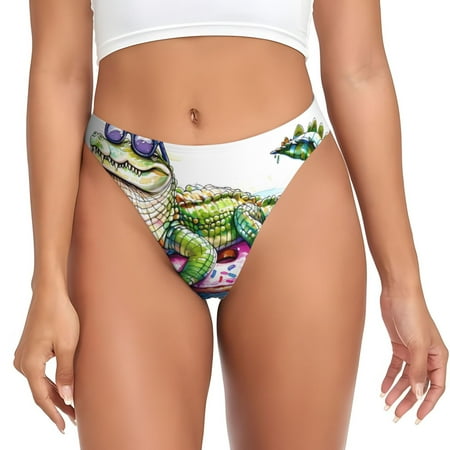 Qokaie Alligator Donut Pool Float Printed Women s Cotton Thong Underwear  Sexy Breathable Panties G-string-Small