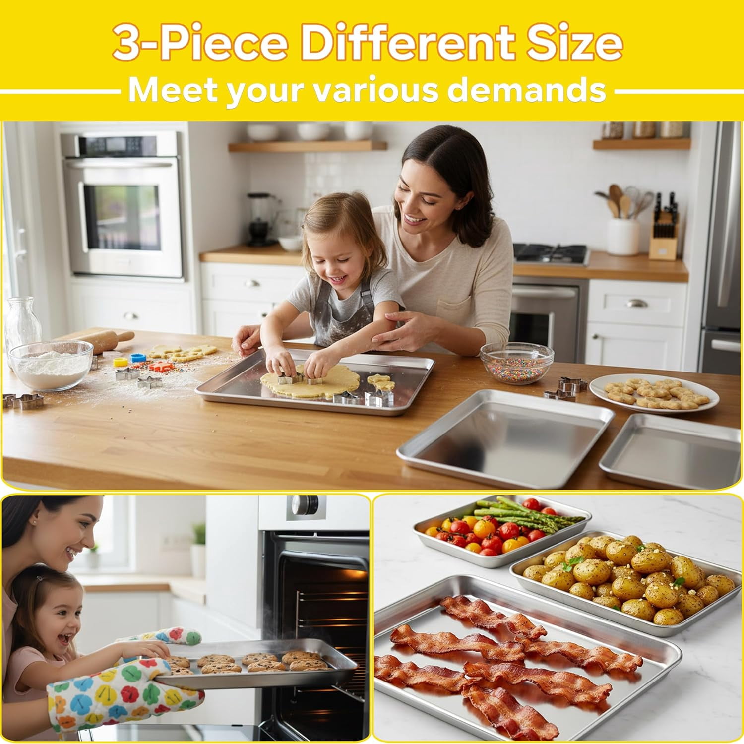 Baking Cookie Sheet Pan Set of 3, 16/12.4/10.4 Inch, Stainless Steel Baking Pans Set for Oven, Rectangle Baking Tray for Cooking Roasting, Non Toxic & Easy Clean, Dishwasher Safe