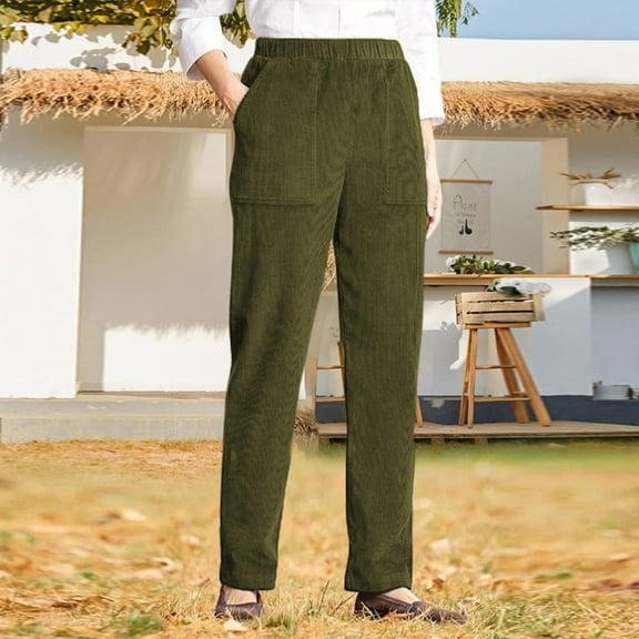 Corduroy Pants Women Casual Elastic High Waist Petite Pants Straight Leg Pants Loose Comfy Trousers with Pockets Green 2XL
