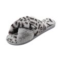 thumbnail image 1 of Womens Cross Band Soft Leopard Plush Slippers Furry Slippers Open Toe Shoes Slides for Indoor Outdoor, 1 of 6