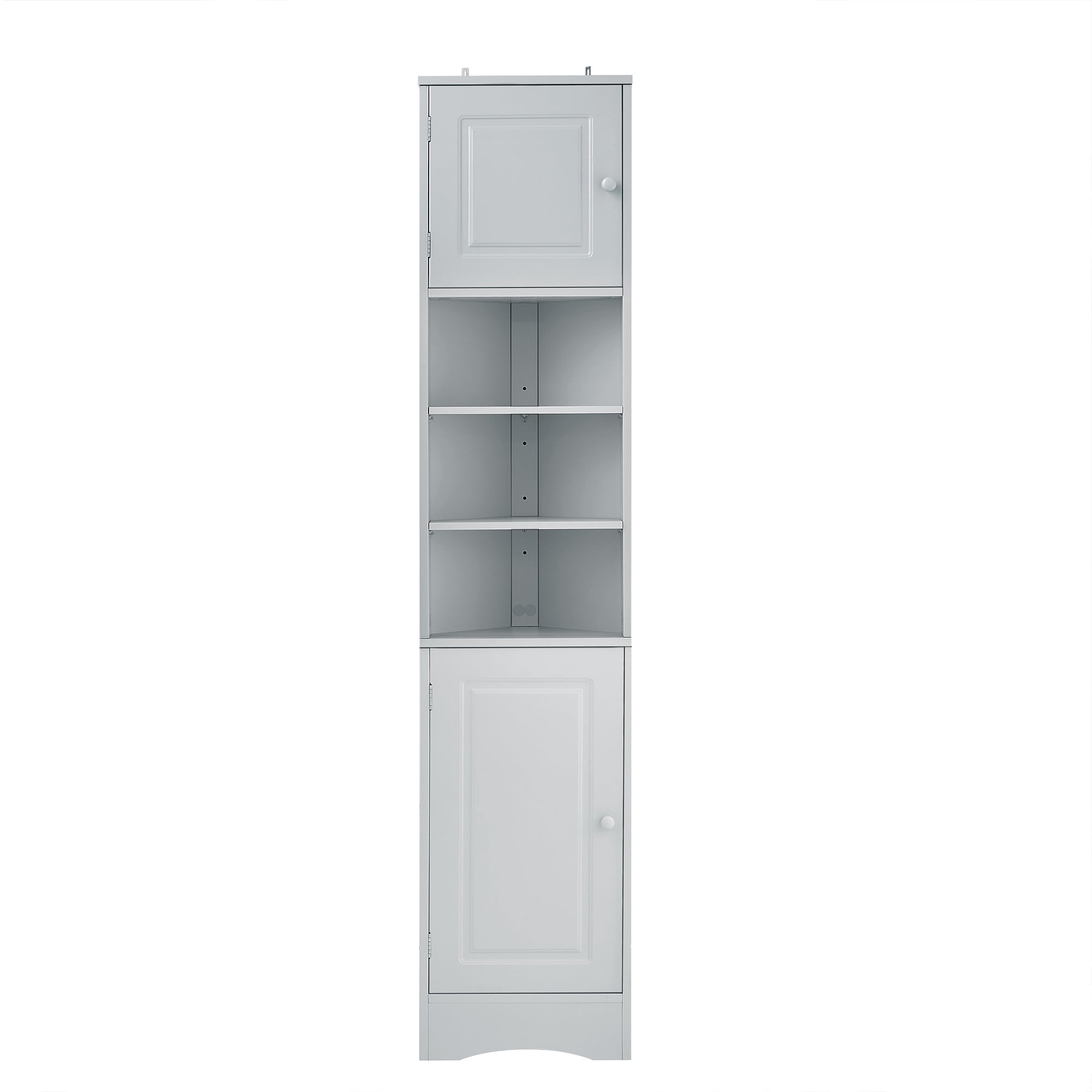 PORKISS 66.9" Tall Corner Cabinet with 2 Barn Doors, 6 Tier Bookcase Storage Cabinet with Adjustable Shelves, Corner Storage Cabinet for Bathroom, Living Room, Kitchen, Grey