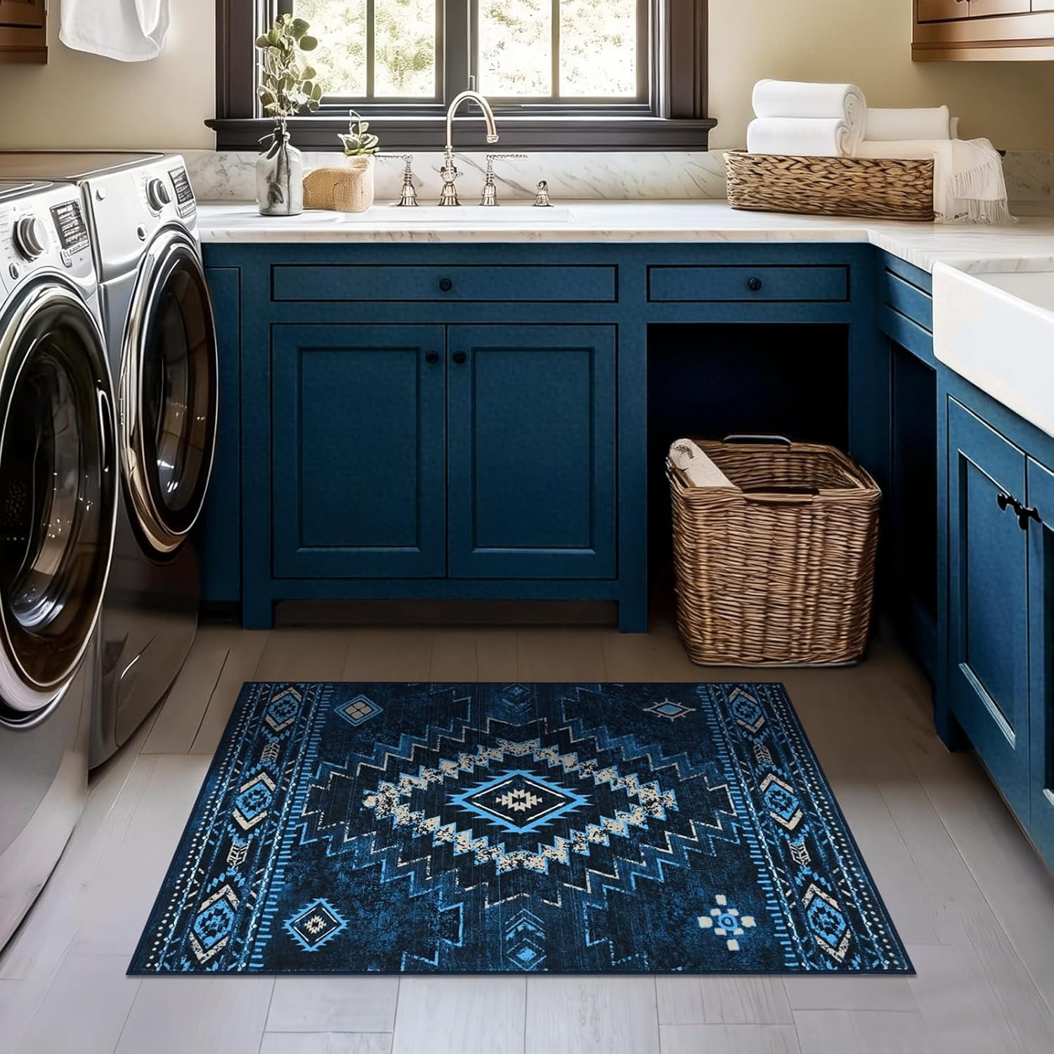 Bleum Cade Moroccan Bathroom Rug,Western Washable 2x3 Small Bath Mat, Boho Tribal Soft Non-Slip Geometric Entry Way Rug, Low-Pile Indoor Carpet for Bedside Entrance Laundry,Blue
