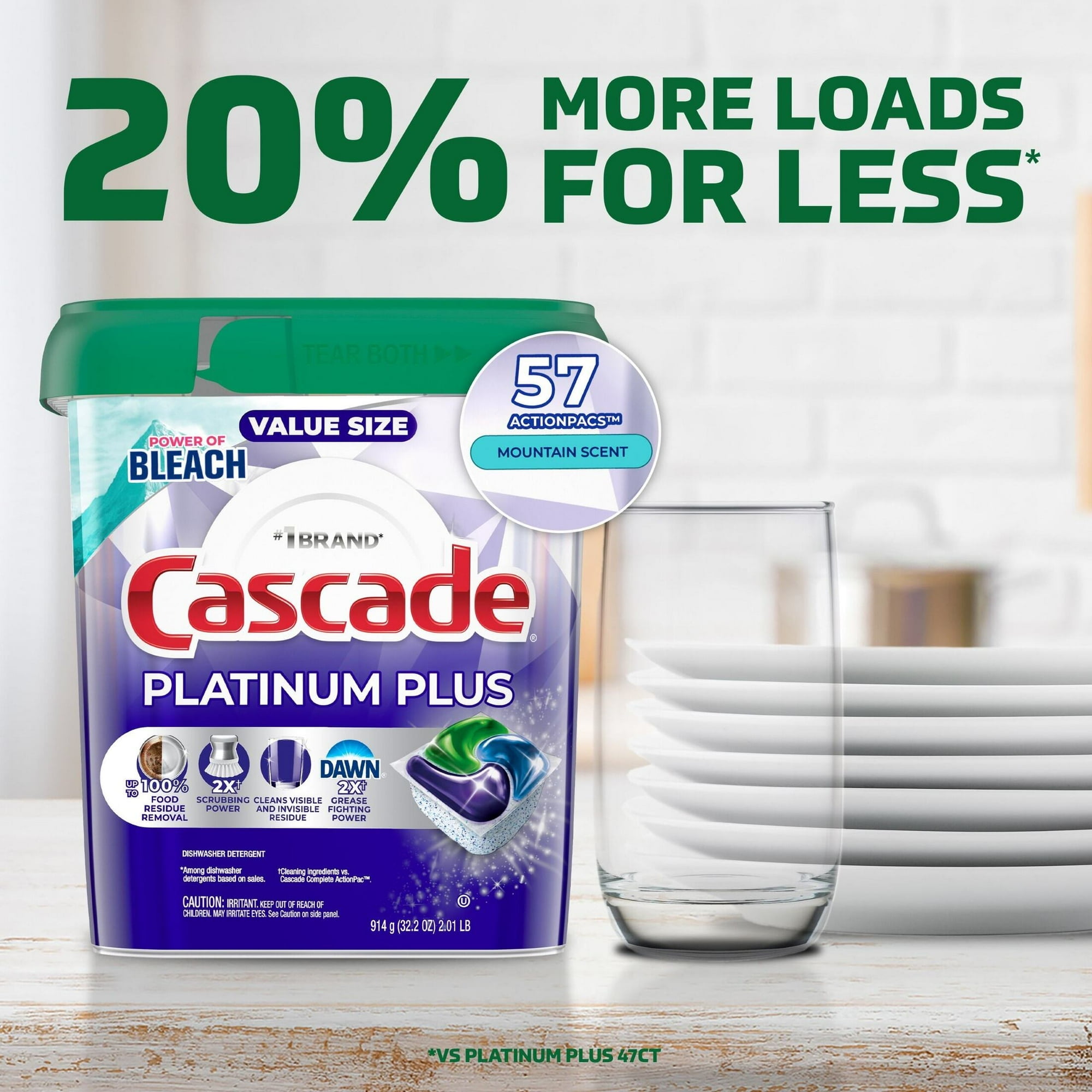 Cascade Platinum Plus Dishwasher Pods, Dishwasher Detergent, Dish Detergent Soap, Mountain, 57 Count (Pack of 2)