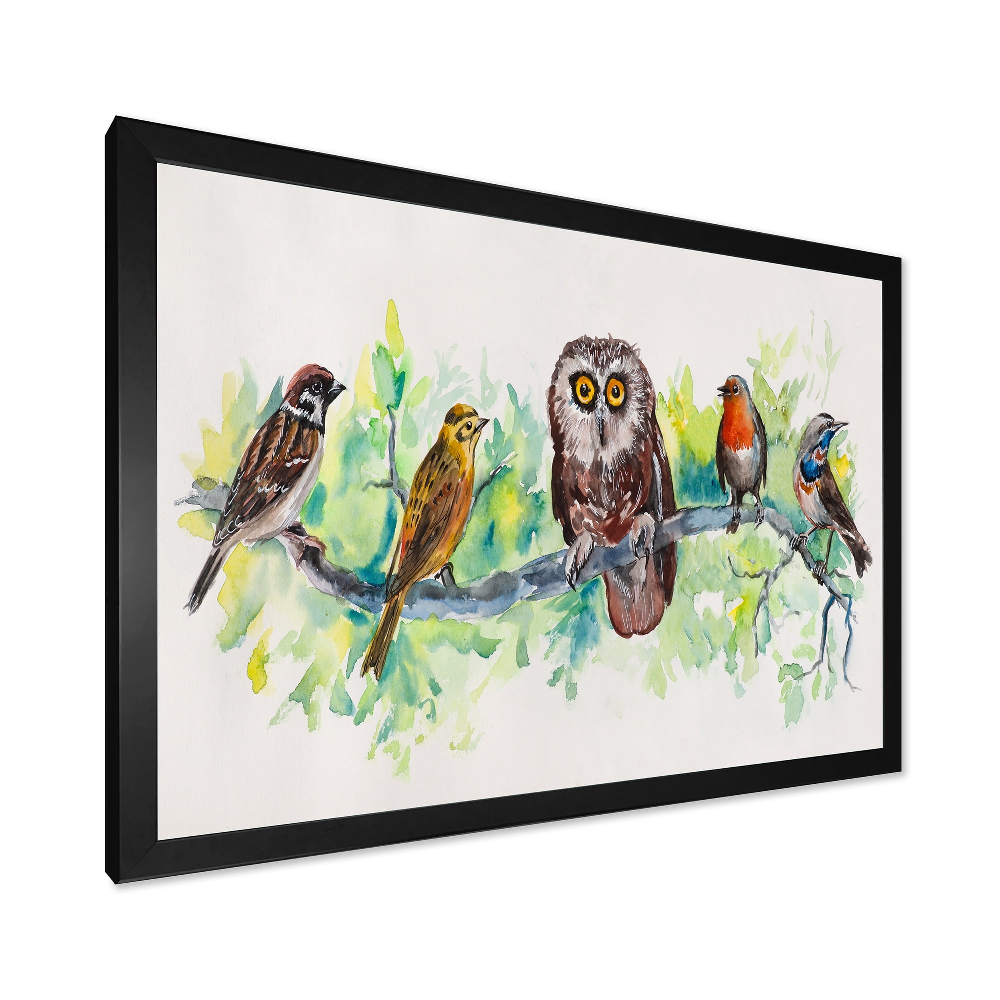 Designart 'Bird Friends With Owl On A Branch' Traditional Framed Art Print