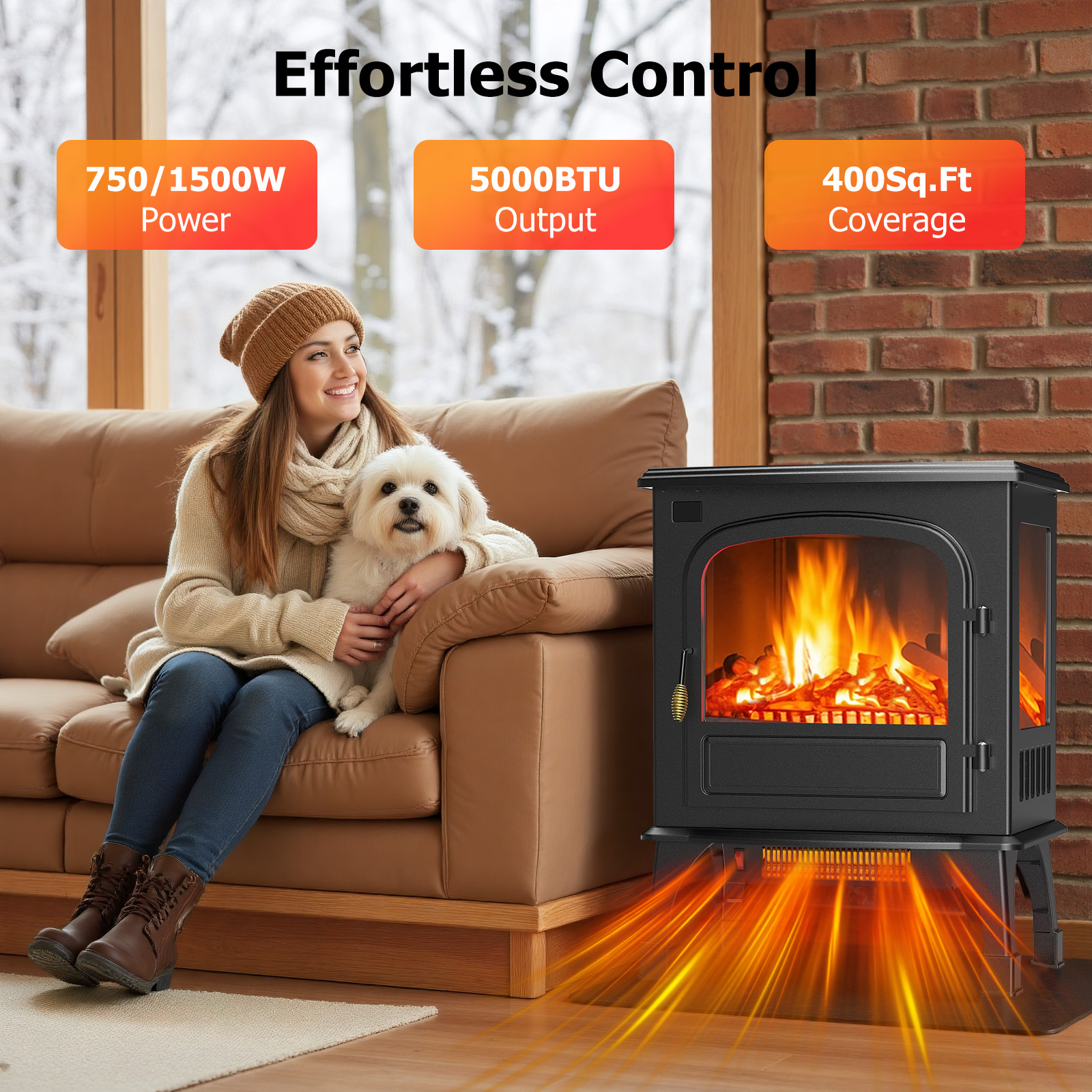Atilioo 26" Electric Fireplace Stove, Freestanding 3D Flame Energy Saving Space Heater with Remote, Overheating Protection, 12H Timer, Single Door, Black Metal