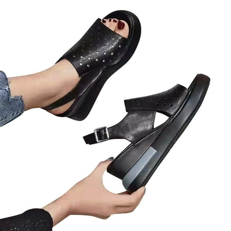 

〖Yilirongyumm〗 Black 39 Sandals Women Summer Platform Wedge Heel Sandals Comfortable Leather Sandals Peep Toe Wedges