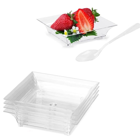 Small Clear Dessert Plates Mini Dessert Plates Set for Appetizer Square Trays with Spoons Parties Serving Supplies for Outdoor Parties Graduation Banquet