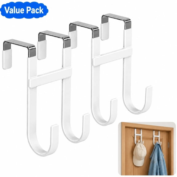Genreen Over The Door Hooks - 2 Pack Heavy Duty Dual-Hook Organizer Hanger with Non-Slip Rubber for Towels, Clothes & Bags Use in Bathroom, Bedroom, Kitchen - Fits Interior Doors Up to 1 3/8"